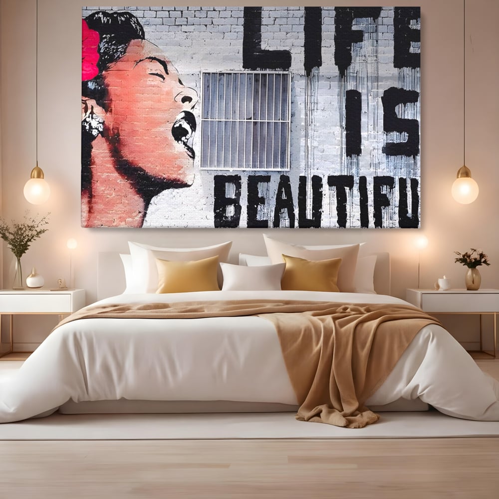 Tablou Canvas Premium LuxCanva® A1517, Viata Este Frumoasa , Femeie, Strigat, Graffiti, Decorativ, Living, Culori Vibrante