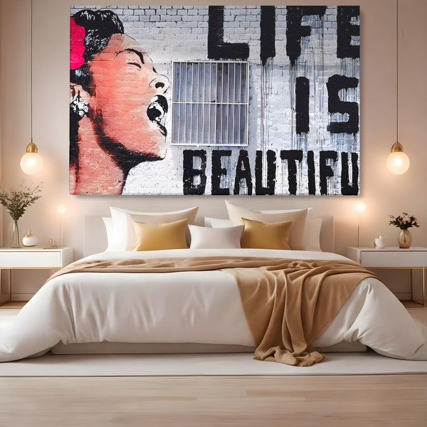 Tablou Canvas Premium LuxCanva® A1517, Viata Este Frumoasa , Femeie, Strigat, Graffiti, Decorativ, Living, Culori Vibrante