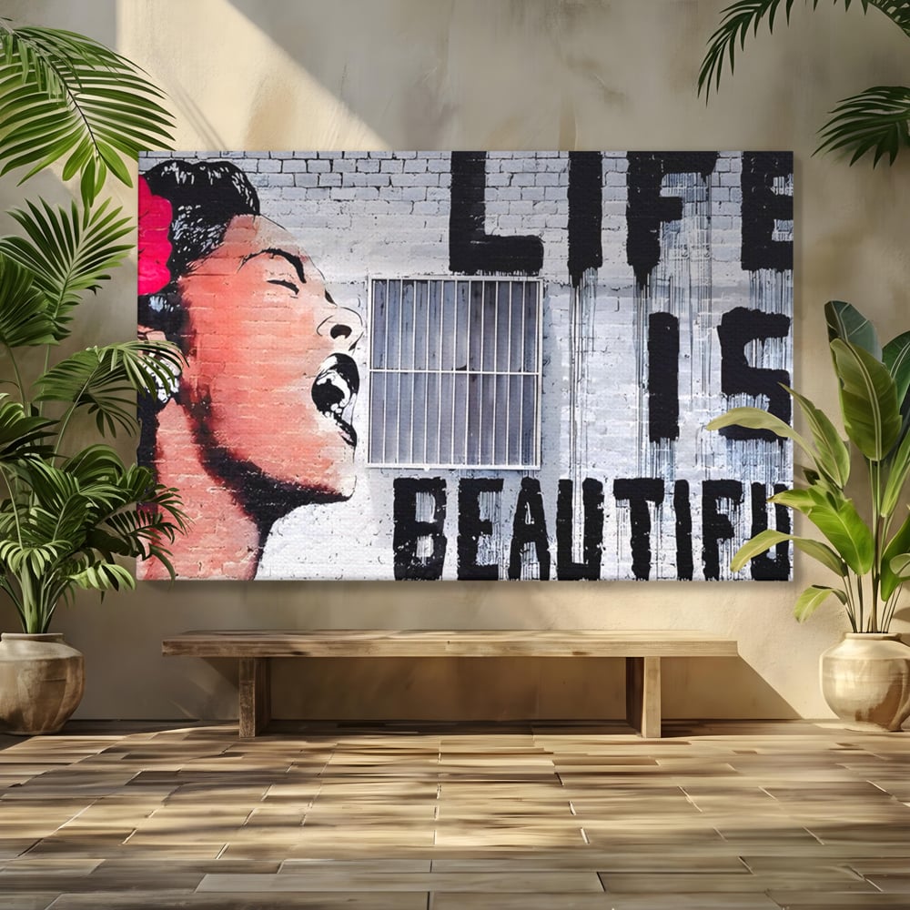 Tablou Canvas Premium LuxCanva® A1517, Viata Este Frumoasa , Femeie, Strigat, Graffiti, Decorativ, Living, Culori Vibrante