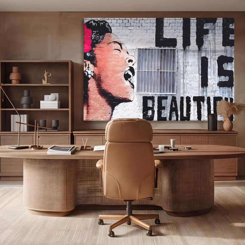 Tablou Canvas Premium LuxCanva® A1517, Viata Este Frumoasa , Femeie, Strigat, Graffiti, Decorativ, Living, Culori Vibrante