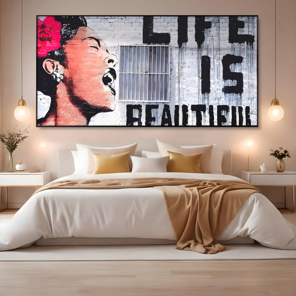Tablou Canvas Premium LuxCanva® A1517, Viata Este Frumoasa , Femeie, Strigat, Graffiti, Decorativ, Living, Culori Vibrante