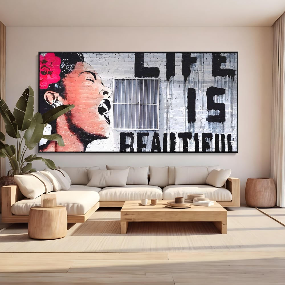 Tablou Canvas Premium LuxCanva® A1517, Viata Este Frumoasa , Femeie, Strigat, Graffiti, Decorativ, Living, Culori Vibrante