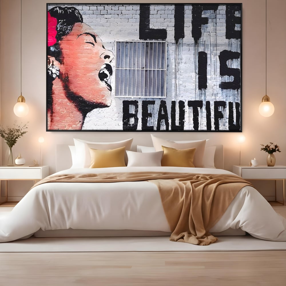 Tablou Canvas Premium LuxCanva® A1517, Viata Este Frumoasa , Femeie, Strigat, Graffiti, Decorativ, Living, Culori Vibrante