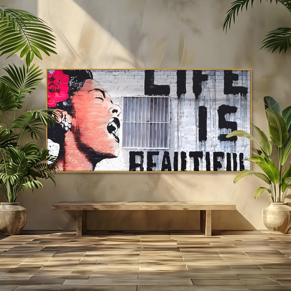 Tablou Canvas Premium LuxCanva® A1517, Viata Este Frumoasa , Femeie, Strigat, Graffiti, Decorativ, Living, Culori Vibrante