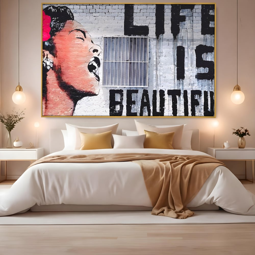 Tablou Canvas Premium LuxCanva® A1517, Viata Este Frumoasa , Femeie, Strigat, Graffiti, Decorativ, Living, Culori Vibrante