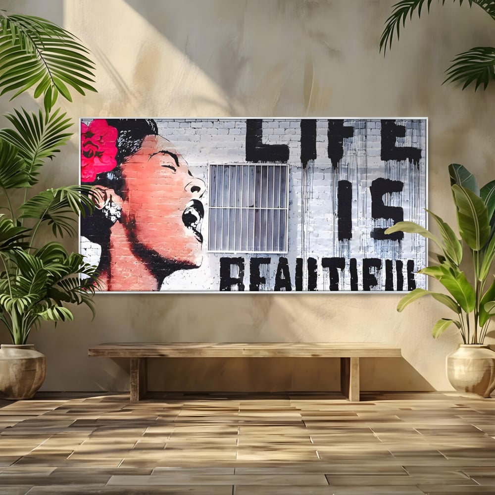 Tablou Canvas Premium LuxCanva® A1517, Viata Este Frumoasa , Femeie, Strigat, Graffiti, Decorativ, Living, Culori Vibrante