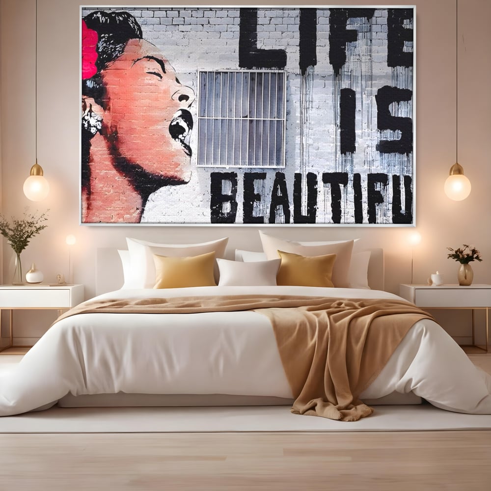 Tablou Canvas Premium LuxCanva® A1517, Viata Este Frumoasa , Femeie, Strigat, Graffiti, Decorativ, Living, Culori Vibrante