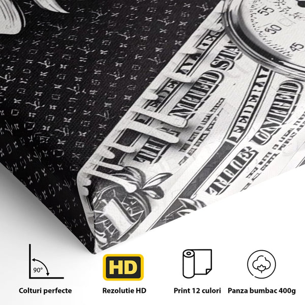 Tablou Canvas Premium LuxCanva® A1521, Time Is Money ,  Room, Ceas, Timp, Munca, Motivational, Dormitor, Culori Vibrante