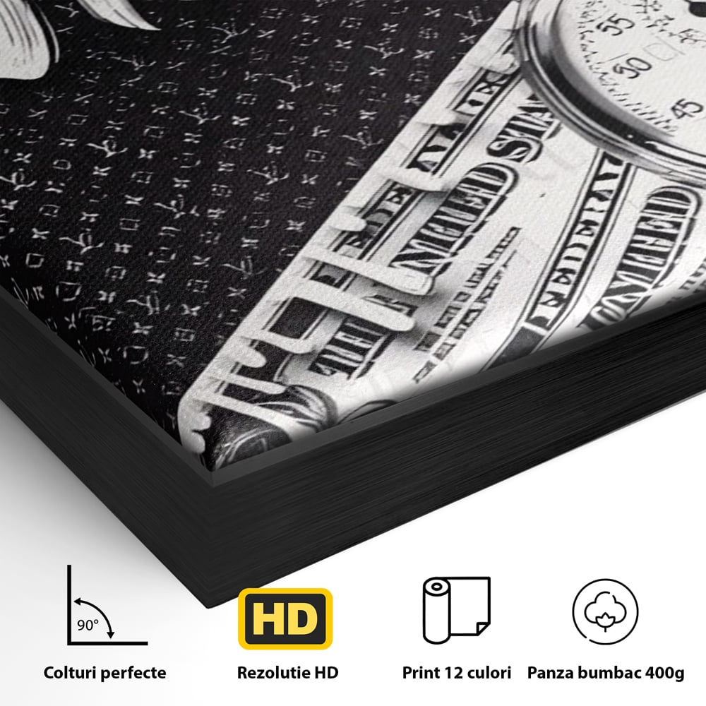 Tablou Canvas Premium LuxCanva® A1521, Time Is Money ,  Room, Ceas, Timp, Munca, Motivational, Dormitor, Culori Vibrante
