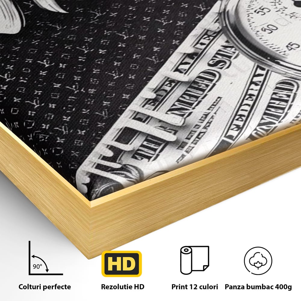 Tablou Canvas Premium LuxCanva® A1521, Time Is Money ,  Room, Ceas, Timp, Munca, Motivational, Dormitor, Culori Vibrante