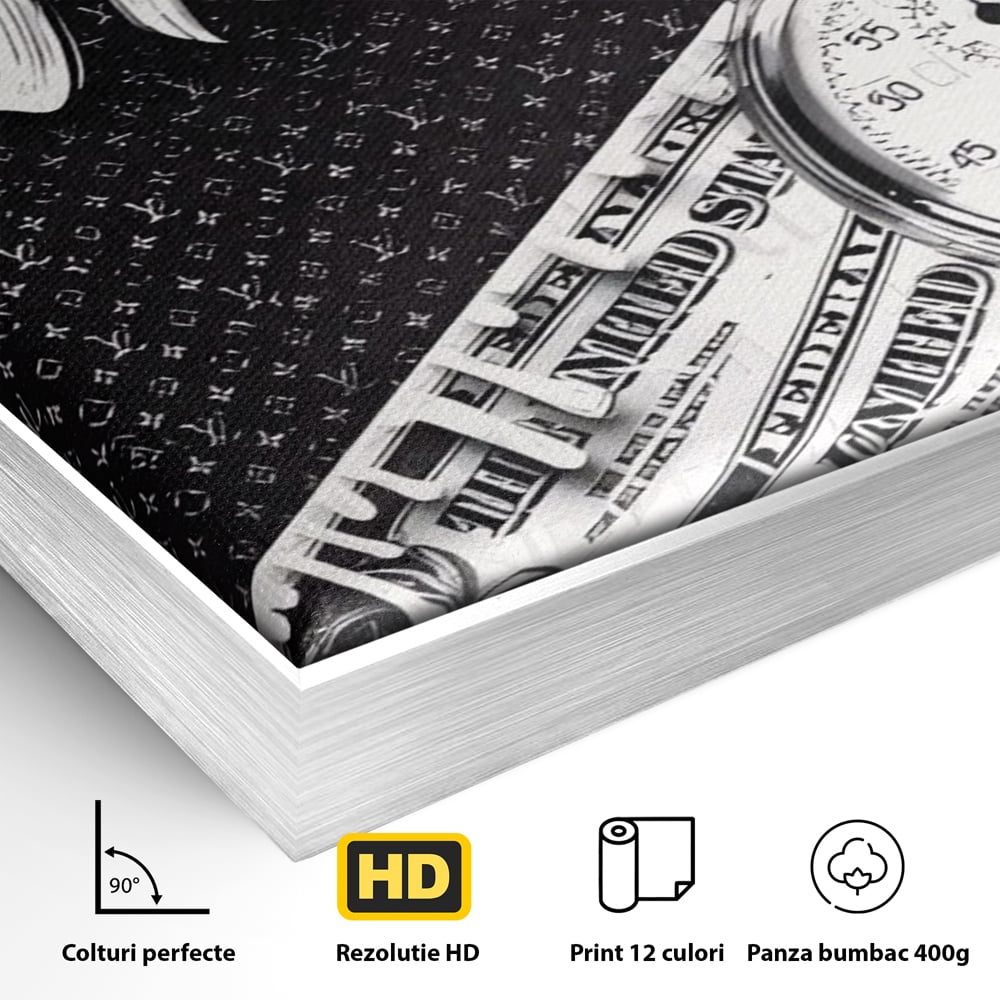 Tablou Canvas Premium LuxCanva® A1521, Time Is Money ,  Room, Ceas, Timp, Munca, Motivational, Dormitor, Culori Vibrante