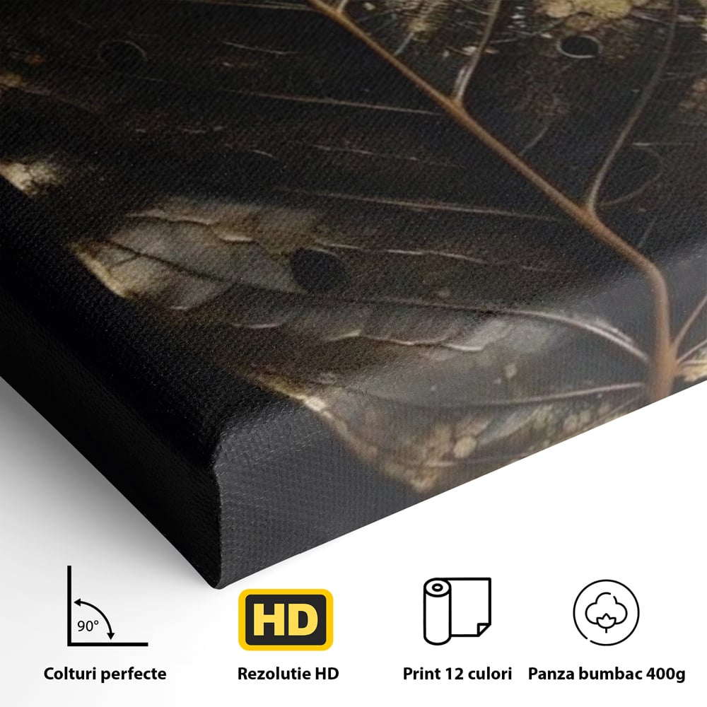 Tablou Canvas Premium, LuxCanva® A1530, Black Leaf , Living, Decorativ, Frunza, Natura, Auriu, Culori Vibrante