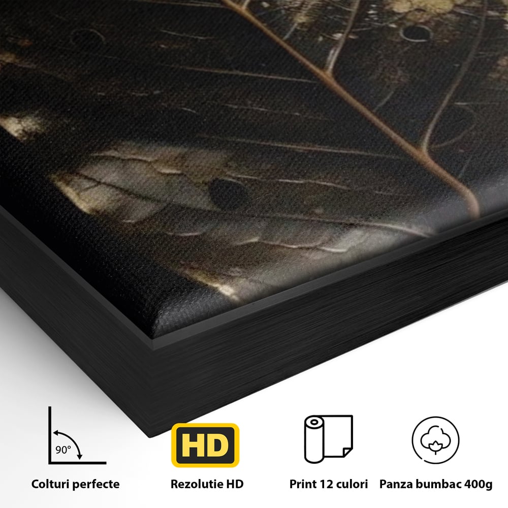 Tablou Canvas Premium, LuxCanva® A1530, Black Leaf , Living, Decorativ, Frunza, Natura, Auriu, Culori Vibrante