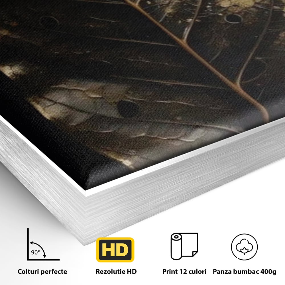 Tablou Canvas Premium, LuxCanva® A1530, Black Leaf , Living, Decorativ, Frunza, Natura, Auriu, Culori Vibrante