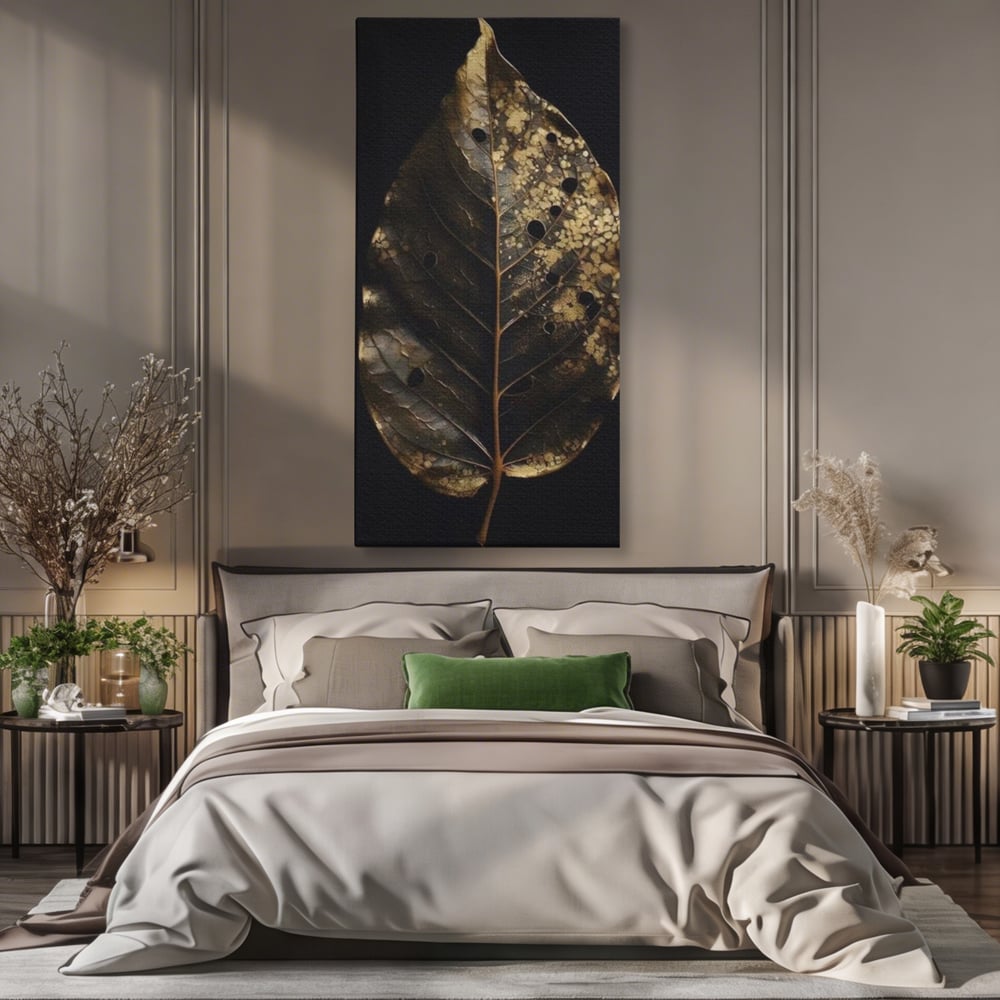 Tablou Canvas Premium, LuxCanva® A1530, Black Leaf , Living, Decorativ, Frunza, Natura, Auriu, Culori Vibrante
