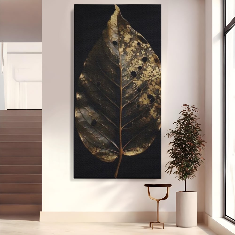 Tablou Canvas Premium, LuxCanva® A1530, Black Leaf , Living, Decorativ, Frunza, Natura, Auriu, Culori Vibrante