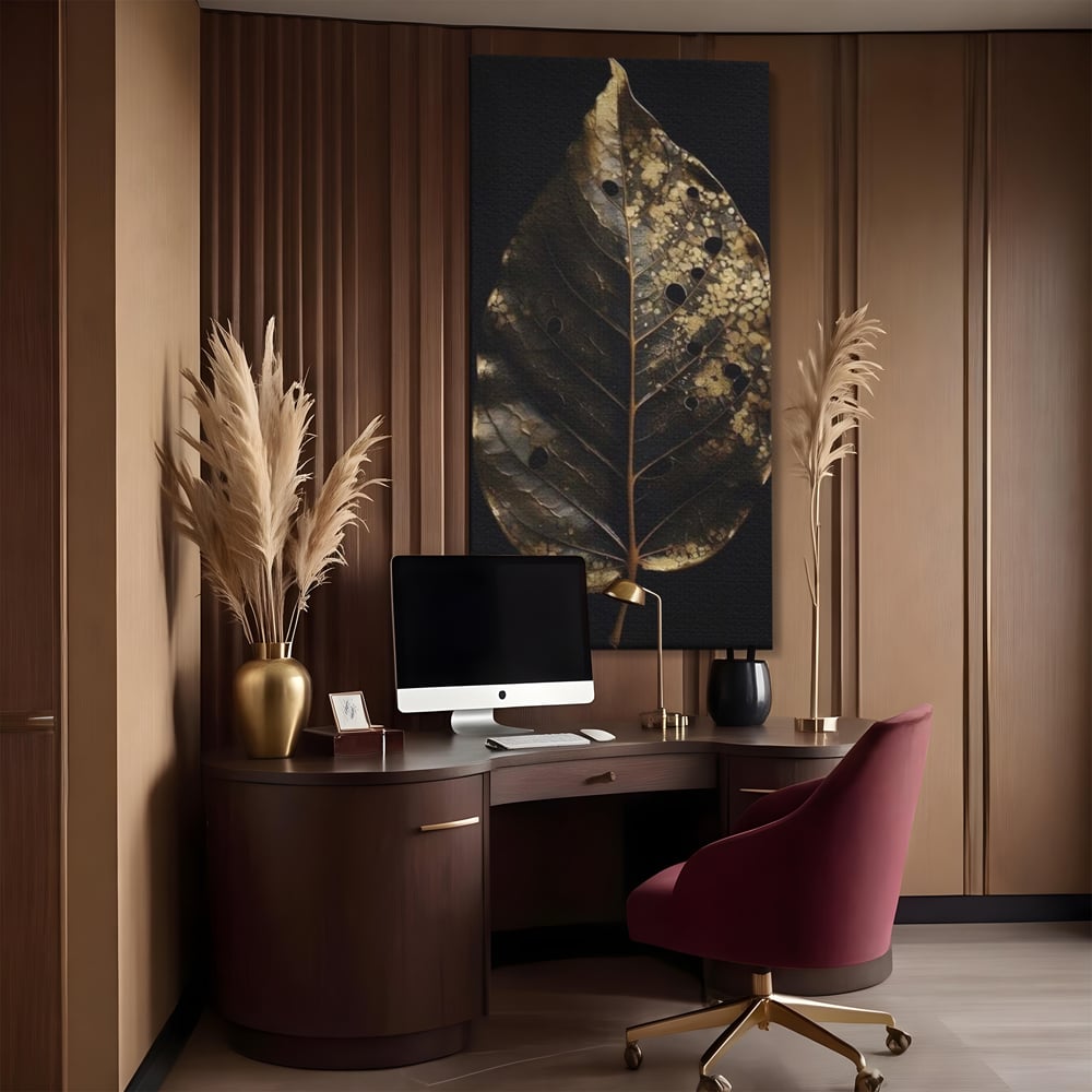 Tablou Canvas Premium, LuxCanva® A1530, Black Leaf , Living, Decorativ, Frunza, Natura, Auriu, Culori Vibrante