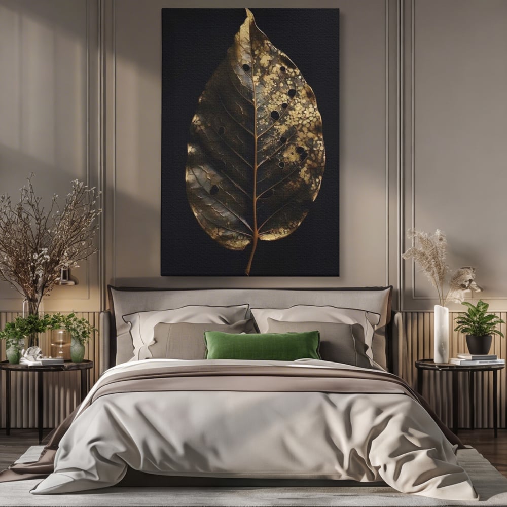 Tablou Canvas Premium, LuxCanva® A1530, Black Leaf , Living, Decorativ, Frunza, Natura, Auriu, Culori Vibrante