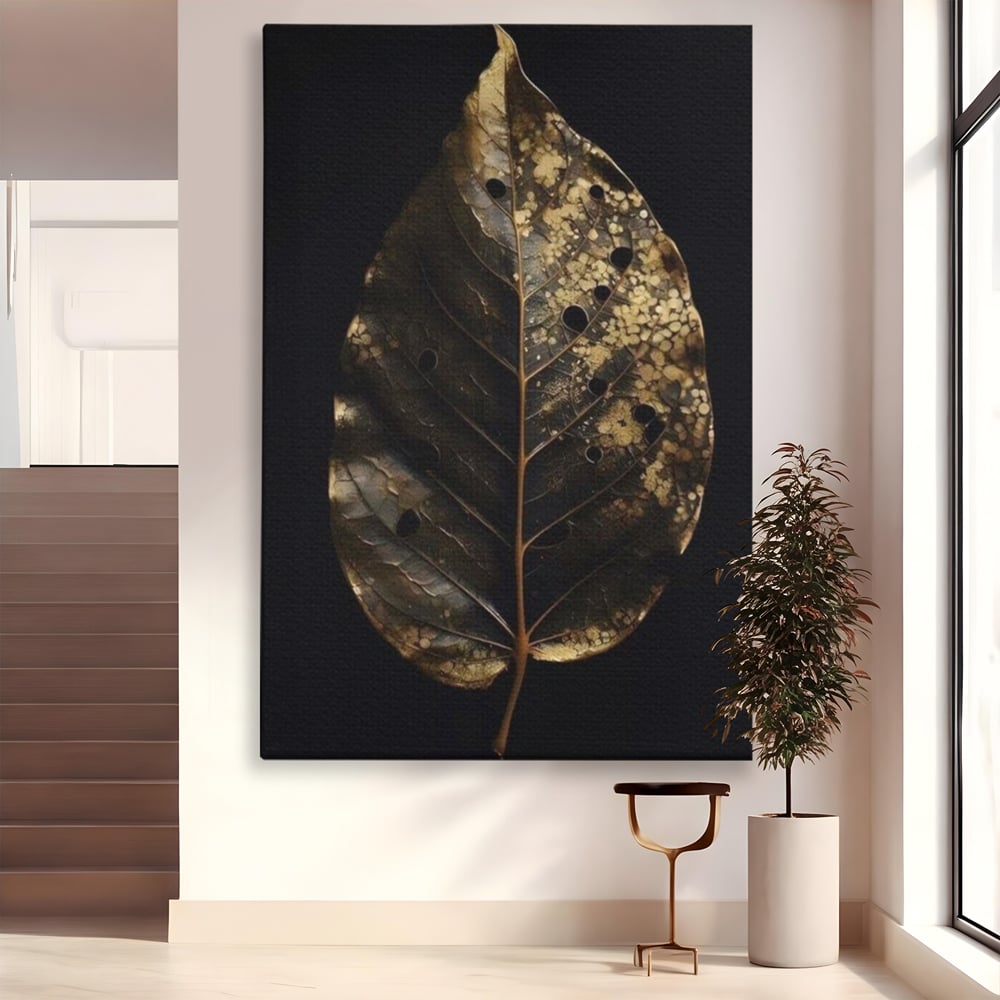 Tablou Canvas Premium, LuxCanva® A1530, Black Leaf , Living, Decorativ, Frunza, Natura, Auriu, Culori Vibrante