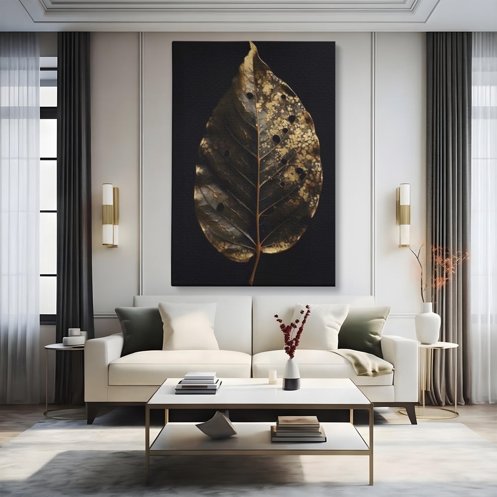 Tablou Canvas Premium, LuxCanva® A1530, Black Leaf , Living, Decorativ, Frunza, Natura, Auriu, Culori Vibrante