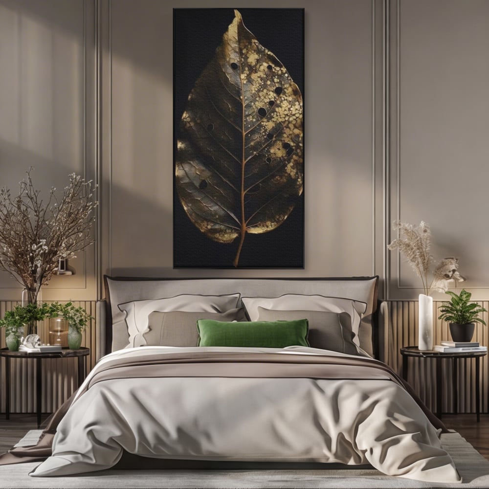 Tablou Canvas Premium, LuxCanva® A1530, Black Leaf , Living, Decorativ, Frunza, Natura, Auriu, Culori Vibrante