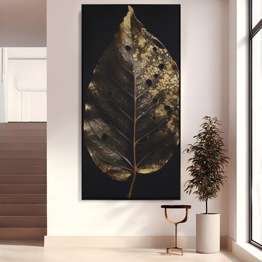Tablou Canvas Premium, LuxCanva® A1530, Black Leaf , Living, Decorativ, Frunza, Natura, Auriu, Culori Vibrante