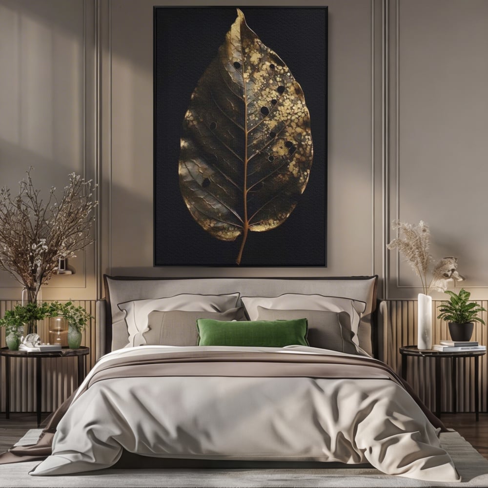 Tablou Canvas Premium, LuxCanva® A1530, Black Leaf , Living, Decorativ, Frunza, Natura, Auriu, Culori Vibrante