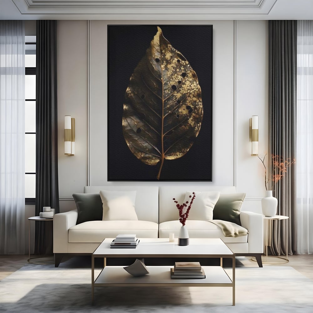 Tablou Canvas Premium, LuxCanva® A1530, Black Leaf , Living, Decorativ, Frunza, Natura, Auriu, Culori Vibrante