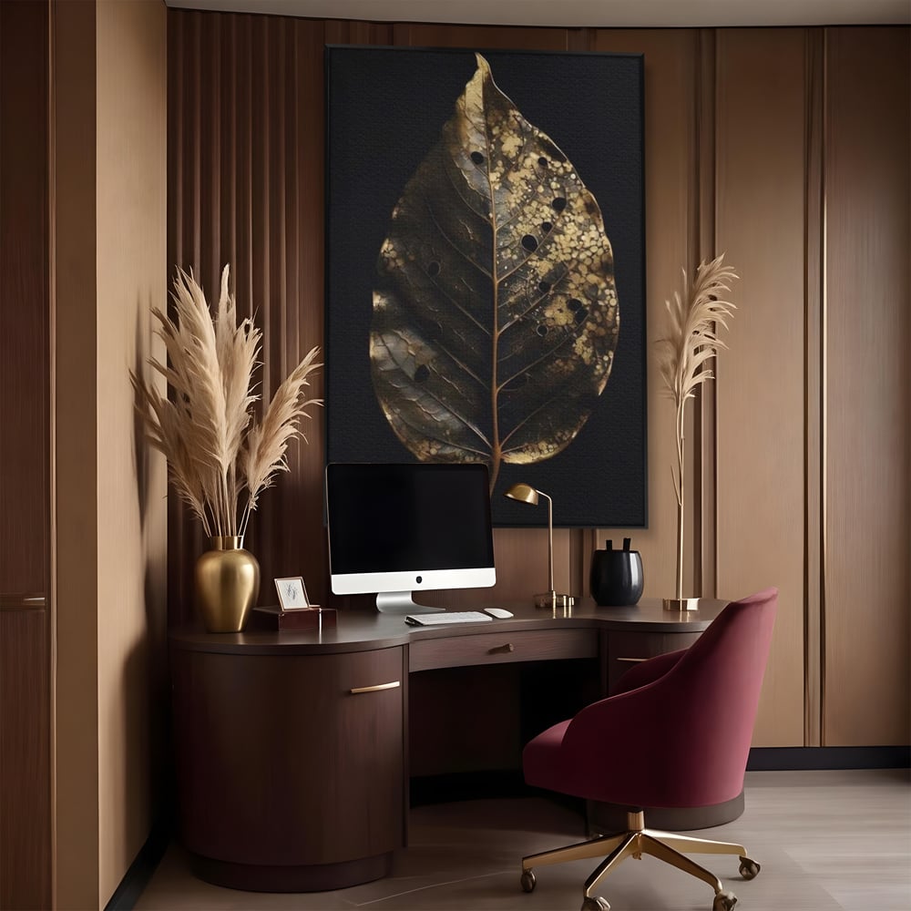 Tablou Canvas Premium, LuxCanva® A1530, Black Leaf , Living, Decorativ, Frunza, Natura, Auriu, Culori Vibrante