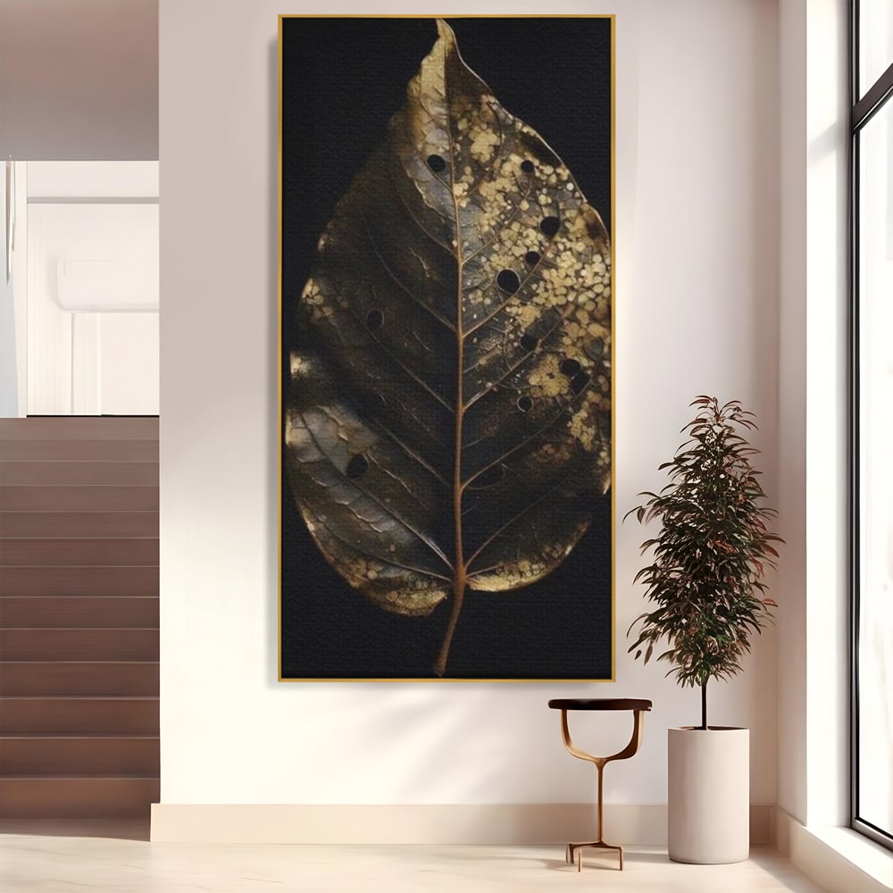Tablou Canvas Premium, LuxCanva® A1530, Black Leaf , Living, Decorativ, Frunza, Natura, Auriu, Culori Vibrante