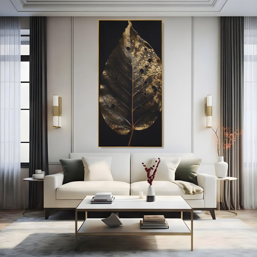 Tablou Canvas Premium, LuxCanva® A1530, Black Leaf , Living, Decorativ, Frunza, Natura, Auriu, Culori Vibrante
