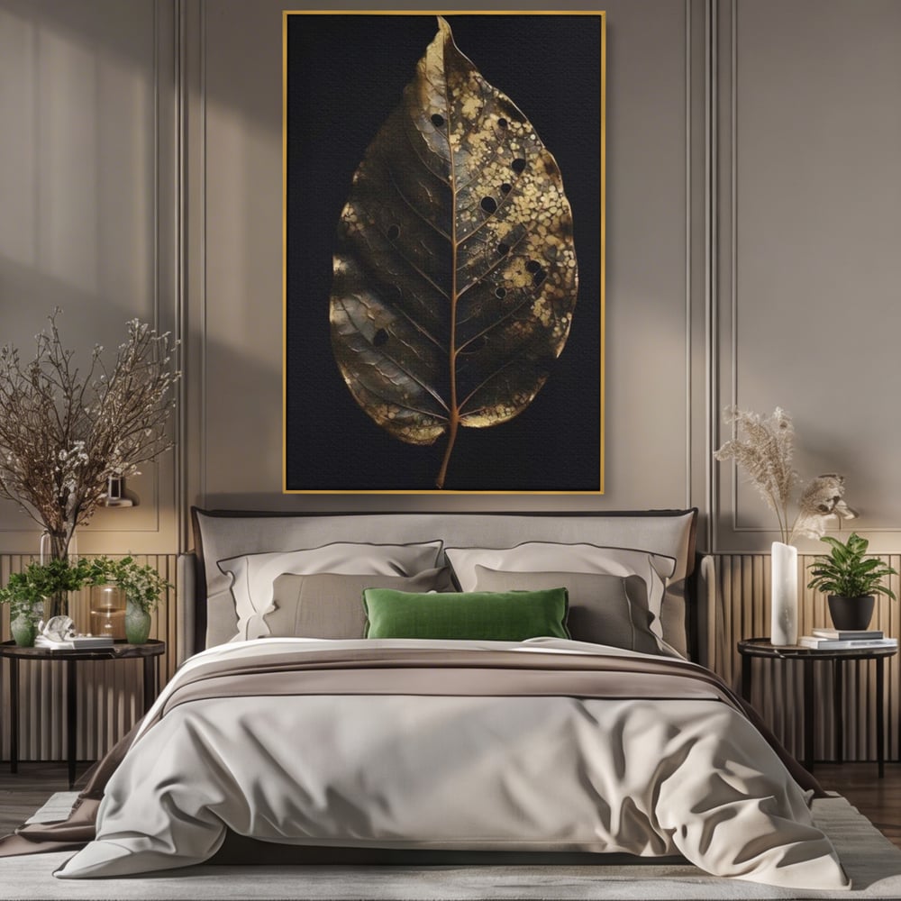 Tablou Canvas Premium, LuxCanva® A1530, Black Leaf , Living, Decorativ, Frunza, Natura, Auriu, Culori Vibrante