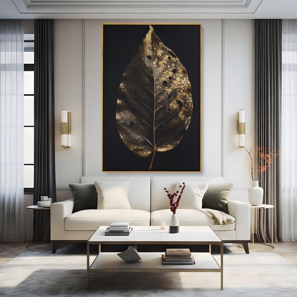 Tablou Canvas Premium, LuxCanva® A1530, Black Leaf , Living, Decorativ, Frunza, Natura, Auriu, Culori Vibrante
