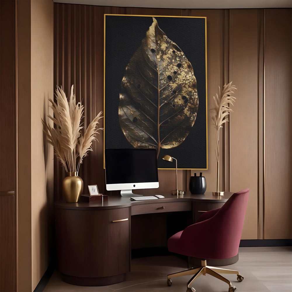 Tablou Canvas Premium, LuxCanva® A1530, Black Leaf , Living, Decorativ, Frunza, Natura, Auriu, Culori Vibrante