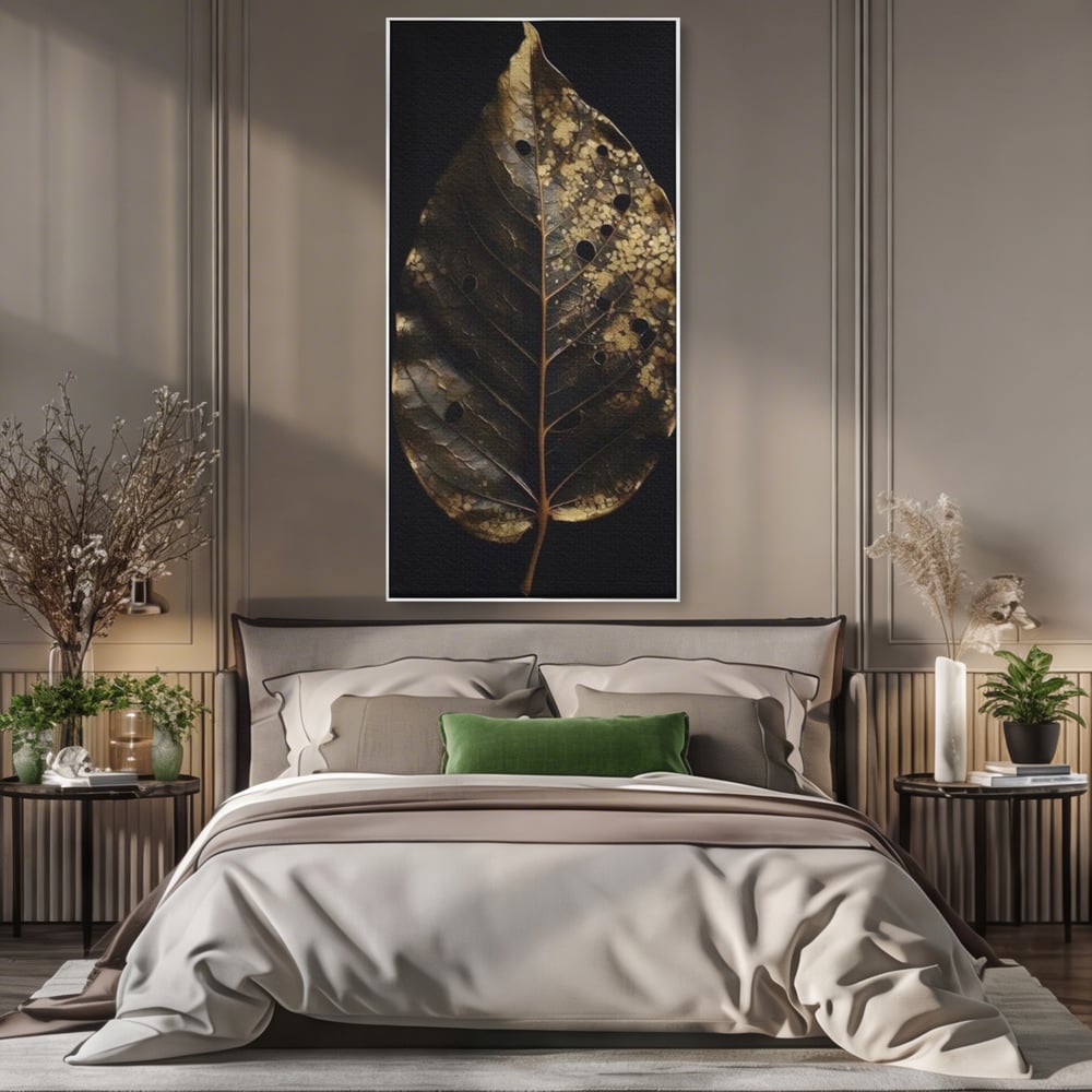 Tablou Canvas Premium, LuxCanva® A1530, Black Leaf , Living, Decorativ, Frunza, Natura, Auriu, Culori Vibrante