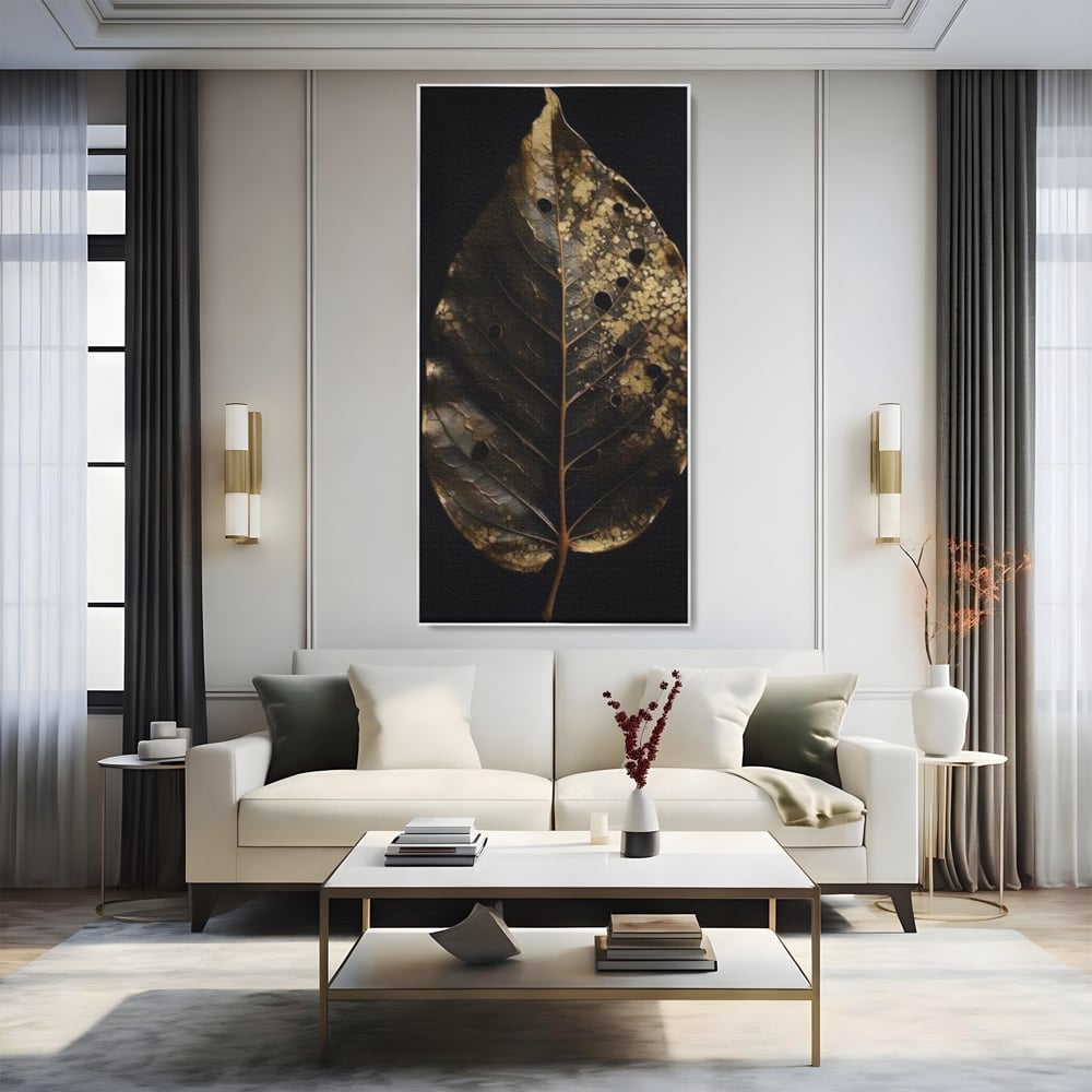Tablou Canvas Premium, LuxCanva® A1530, Black Leaf , Living, Decorativ, Frunza, Natura, Auriu, Culori Vibrante