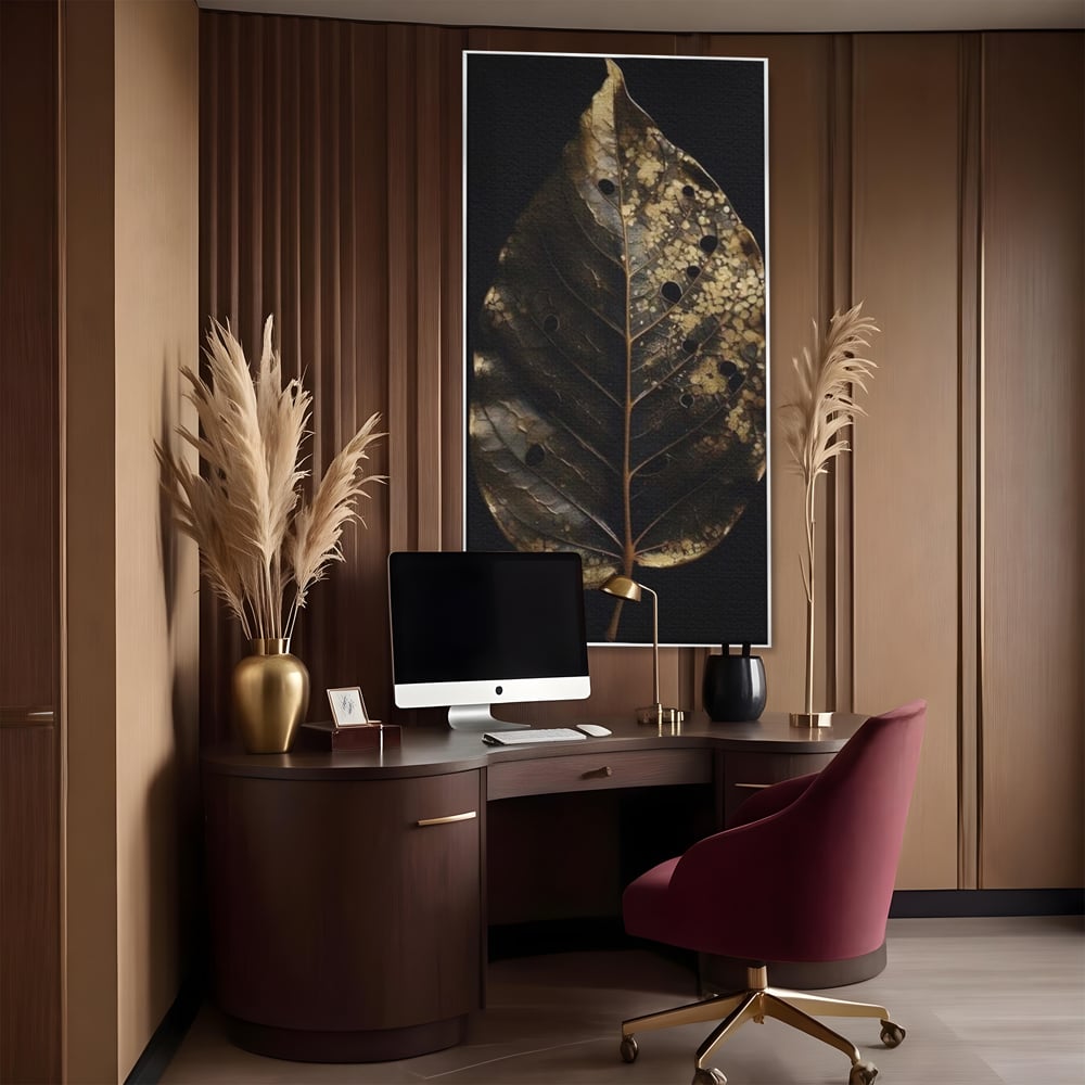Tablou Canvas Premium, LuxCanva® A1530, Black Leaf , Living, Decorativ, Frunza, Natura, Auriu, Culori Vibrante