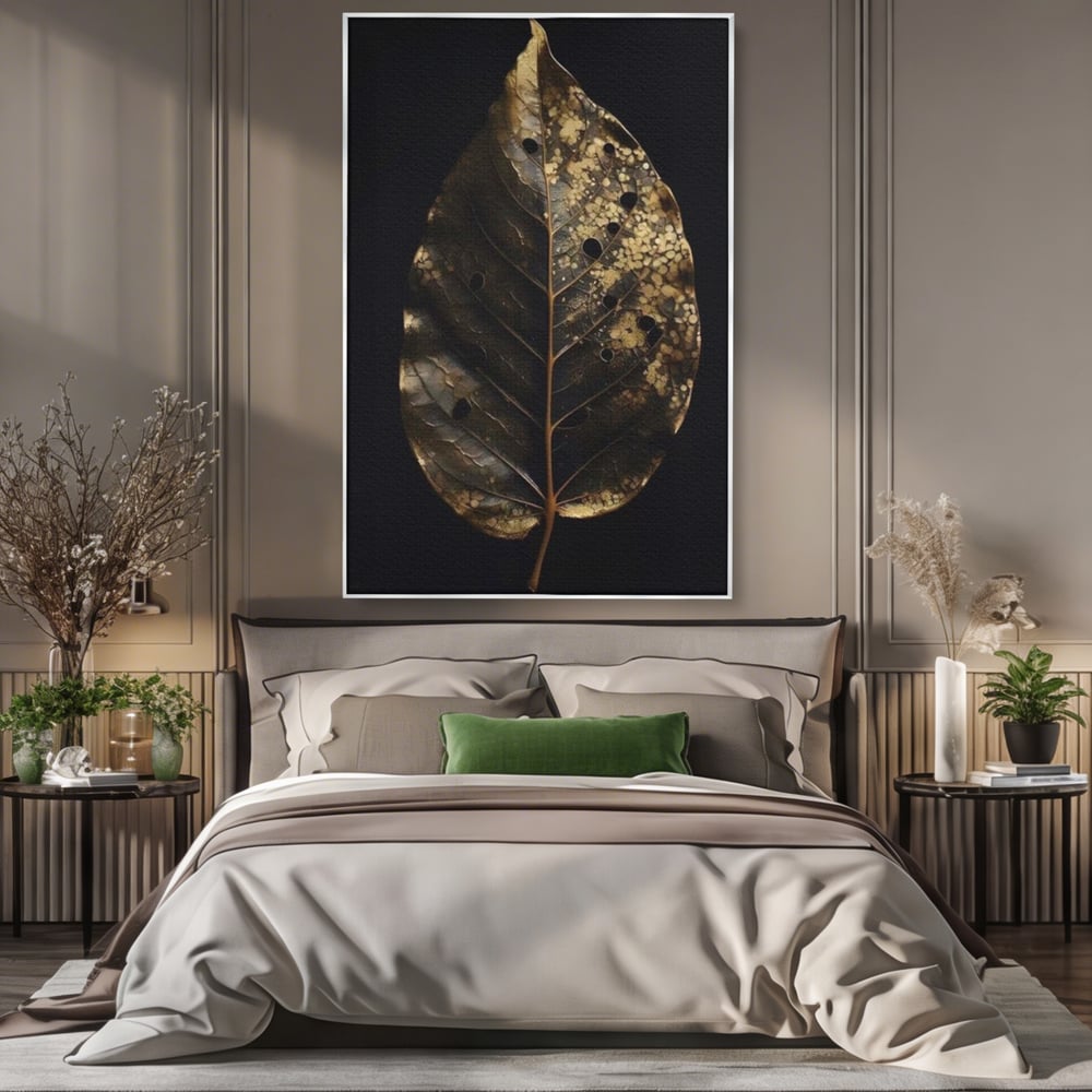 Tablou Canvas Premium, LuxCanva® A1530, Black Leaf , Living, Decorativ, Frunza, Natura, Auriu, Culori Vibrante