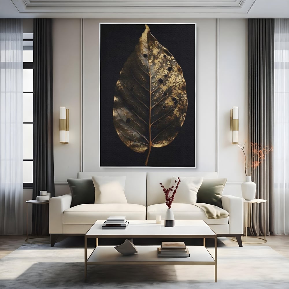 Tablou Canvas Premium, LuxCanva® A1530, Black Leaf , Living, Decorativ, Frunza, Natura, Auriu, Culori Vibrante