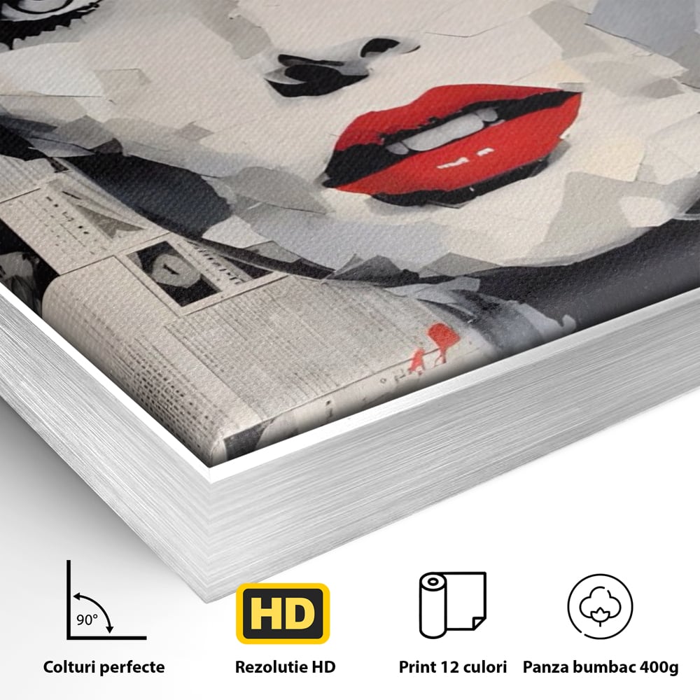 Tablou Canvas Premium LuxCanva® A1532, Madame , Room, Buze Rosii, Palarie, Frumusete, Living, Culori Vibrante