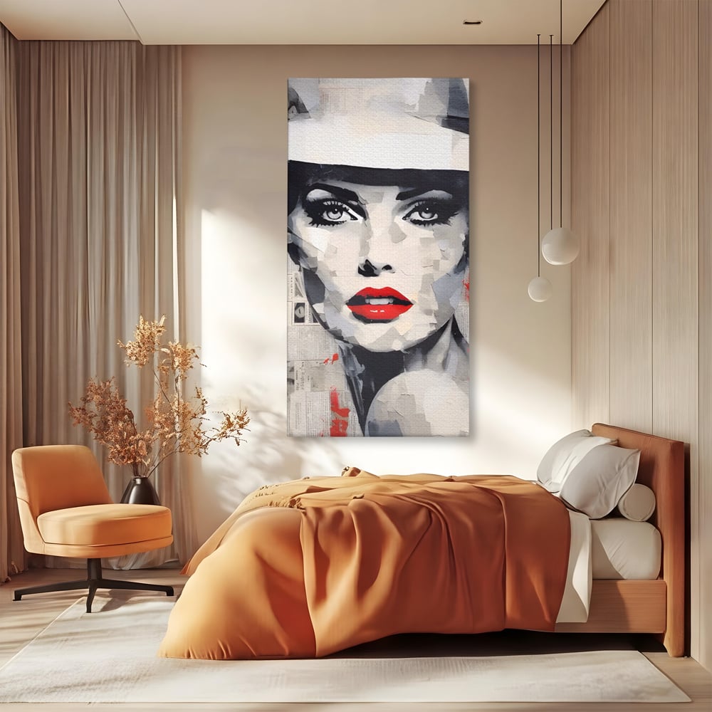 Tablou Canvas Premium LuxCanva® A1532, Madame , Room, Buze Rosii, Palarie, Frumusete, Living, Culori Vibrante