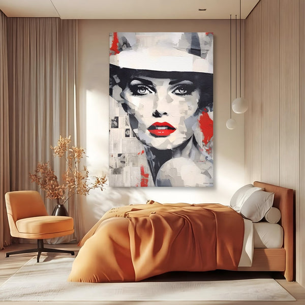 Tablou Canvas Premium LuxCanva® A1532, Madame , Room, Buze Rosii, Palarie, Frumusete, Living, Culori Vibrante