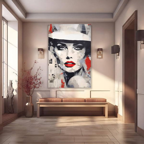 Tablou Canvas Premium LuxCanva® A1532, Madame , Room, Buze Rosii, Palarie, Frumusete, Living, Culori Vibrante