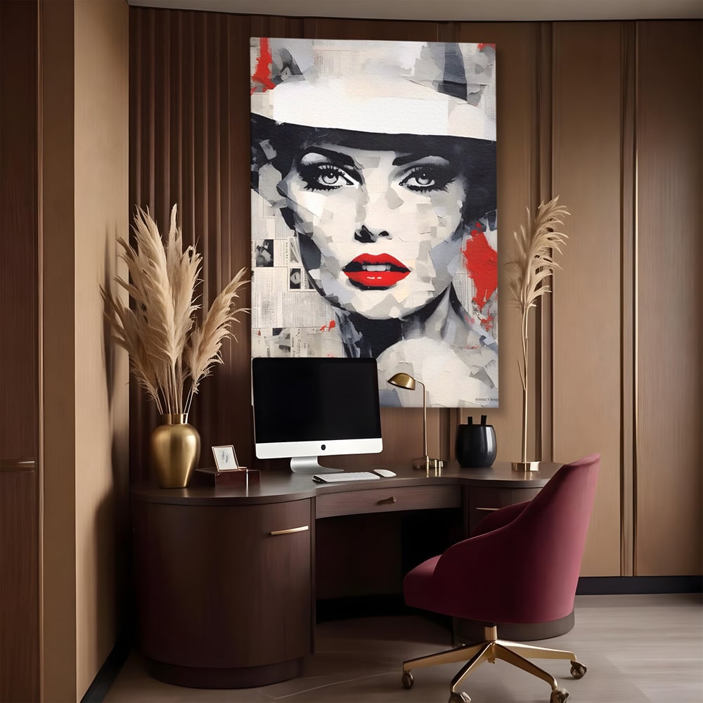 Tablou Canvas Premium LuxCanva® A1532, Madame , Room, Buze Rosii, Palarie, Frumusete, Living, Culori Vibrante