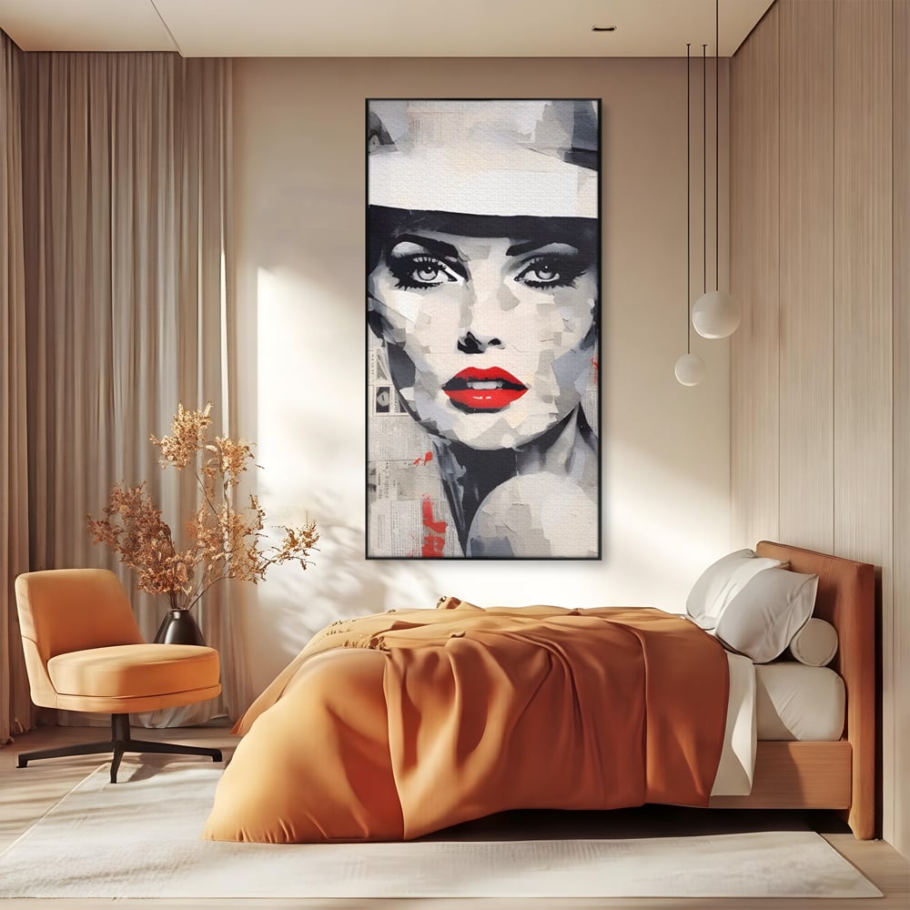 Tablou Canvas Premium LuxCanva® A1532, Madame , Room, Buze Rosii, Palarie, Frumusete, Living, Culori Vibrante