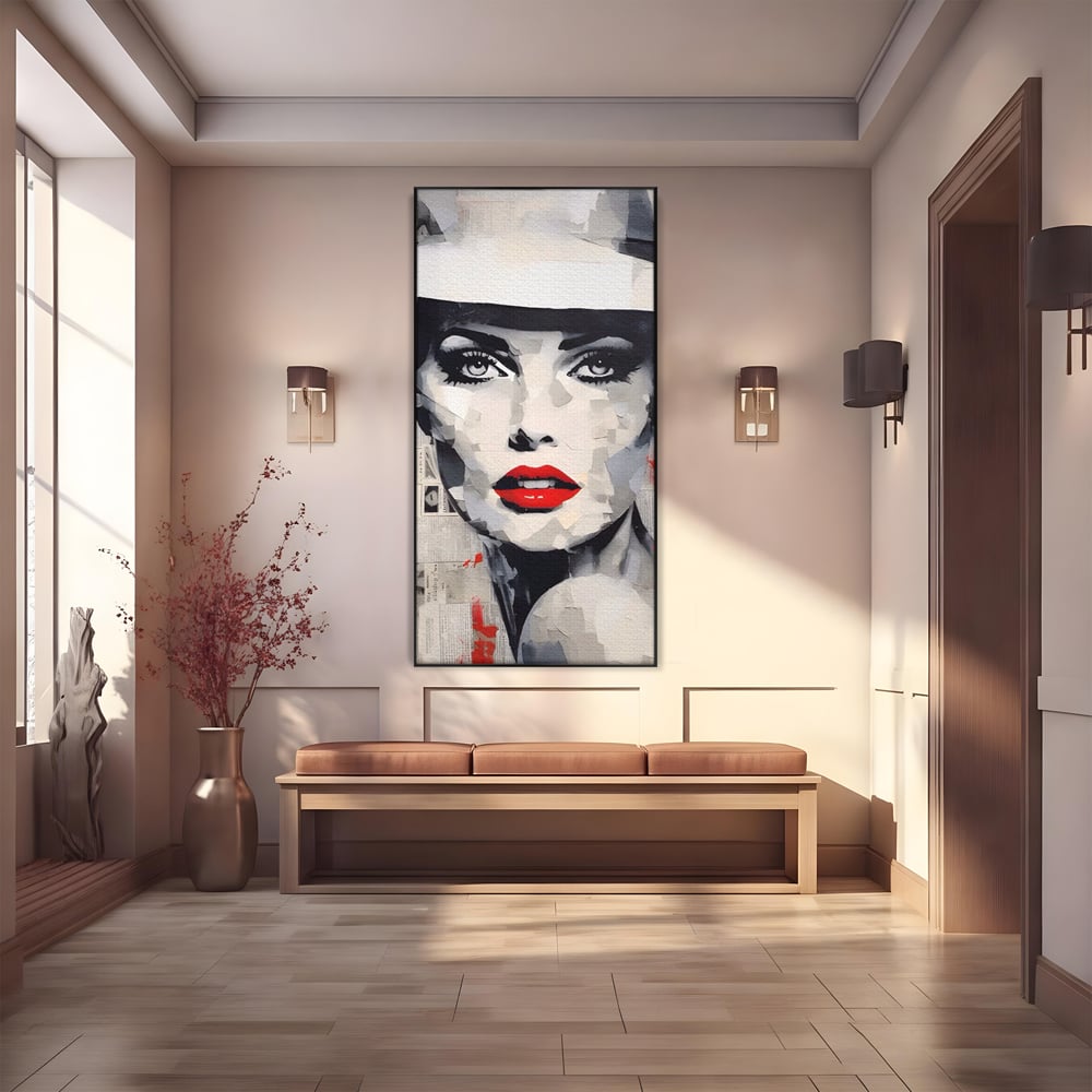Tablou Canvas Premium LuxCanva® A1532, Madame , Room, Buze Rosii, Palarie, Frumusete, Living, Culori Vibrante