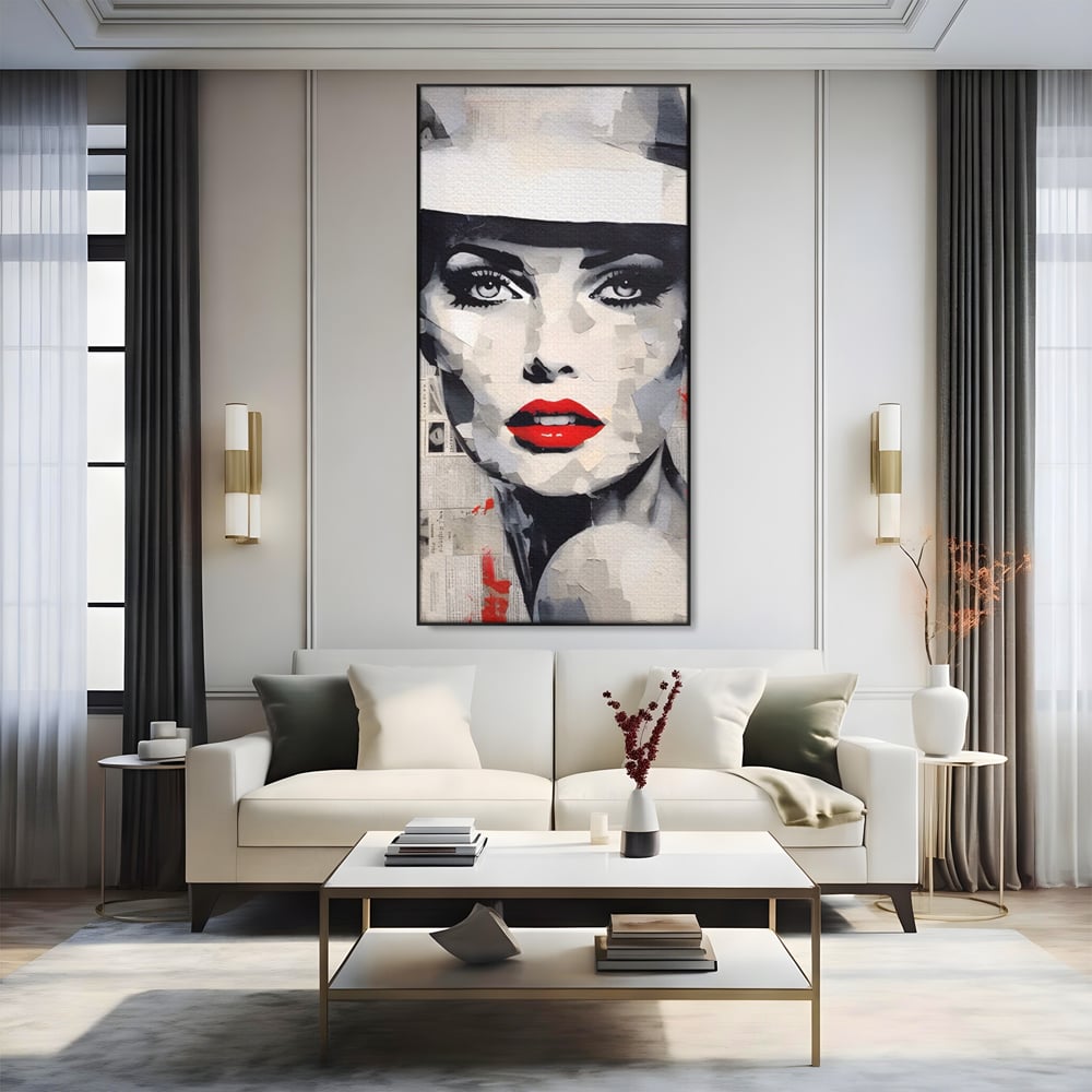 Tablou Canvas Premium LuxCanva® A1532, Madame , Room, Buze Rosii, Palarie, Frumusete, Living, Culori Vibrante