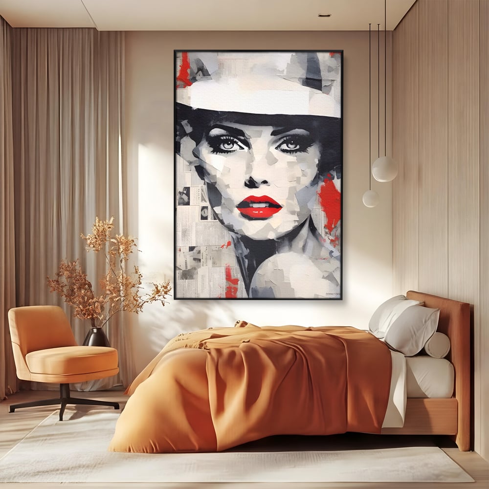 Tablou Canvas Premium LuxCanva® A1532, Madame , Room, Buze Rosii, Palarie, Frumusete, Living, Culori Vibrante