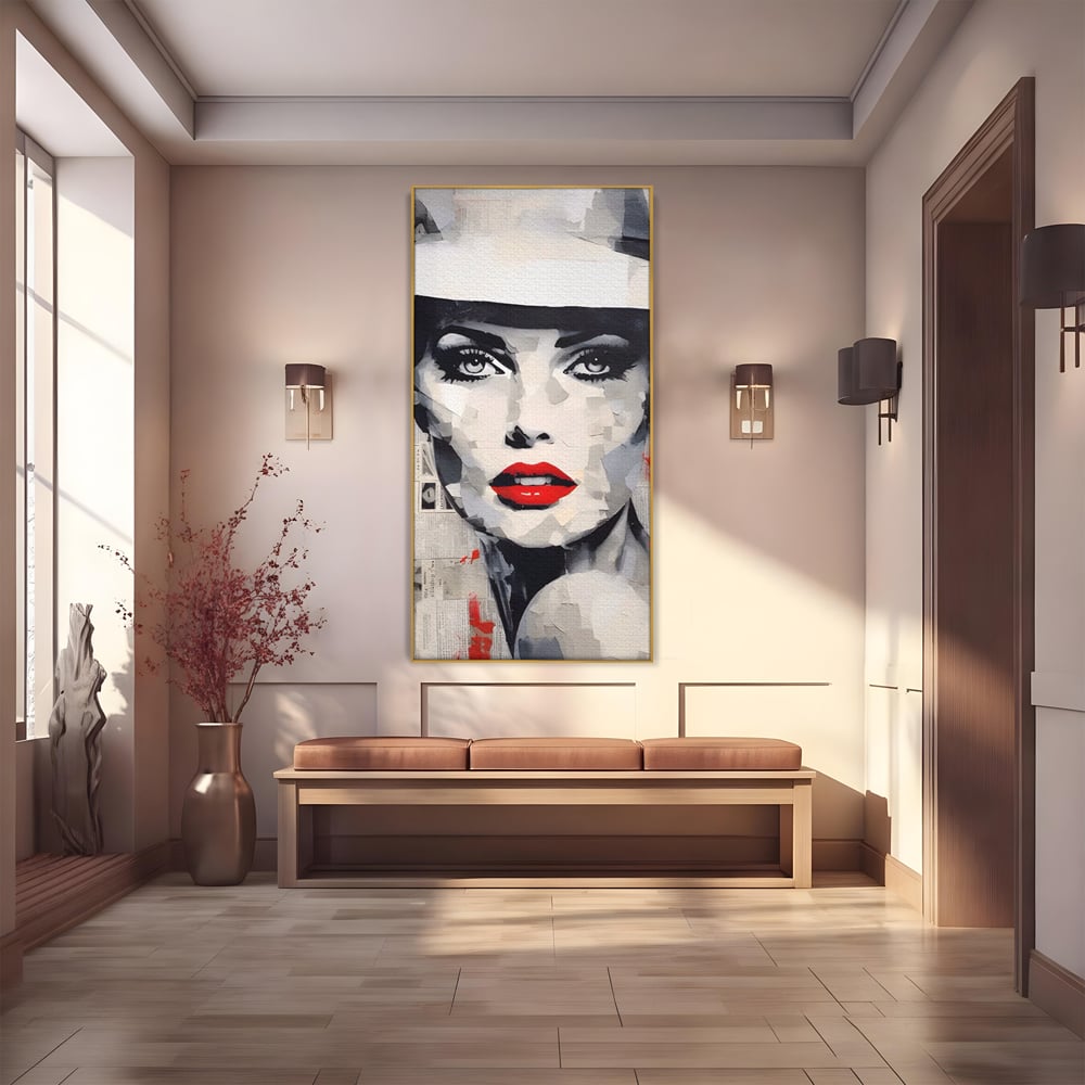 Tablou Canvas Premium LuxCanva® A1532, Madame , Room, Buze Rosii, Palarie, Frumusete, Living, Culori Vibrante