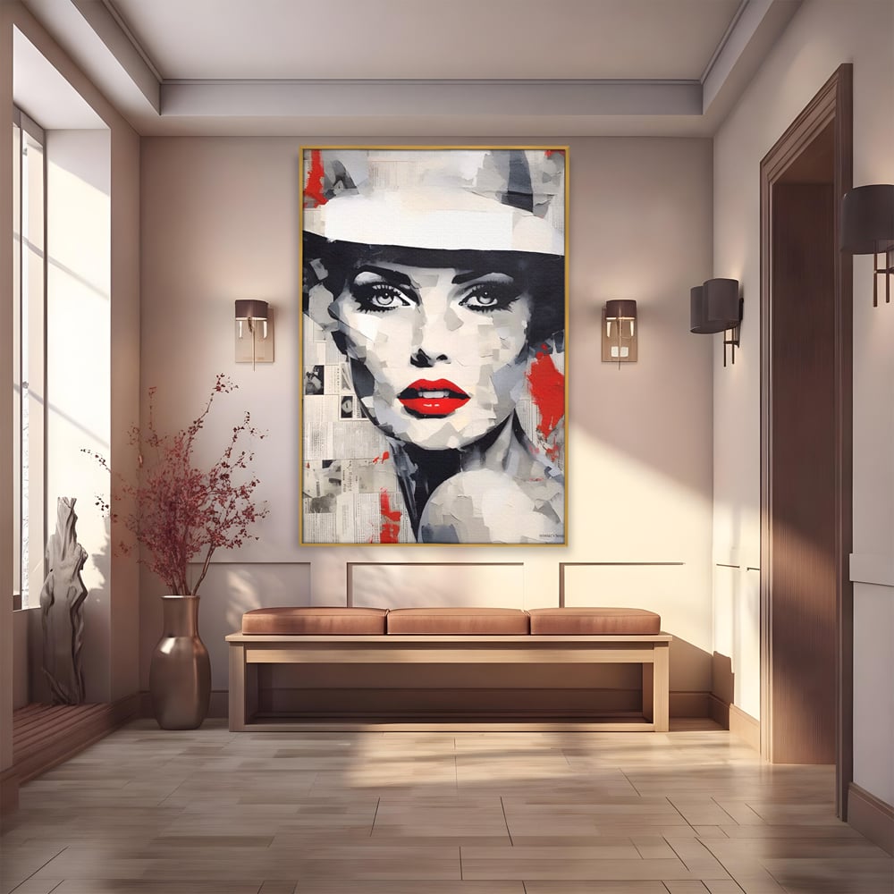Tablou Canvas Premium LuxCanva® A1532, Madame , Room, Buze Rosii, Palarie, Frumusete, Living, Culori Vibrante